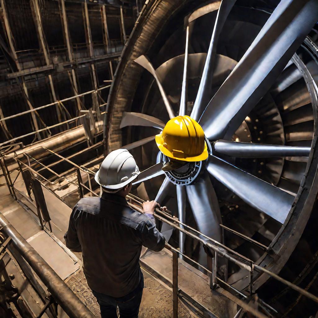 Инженер на Зейской ГЭС осматривает турбину
