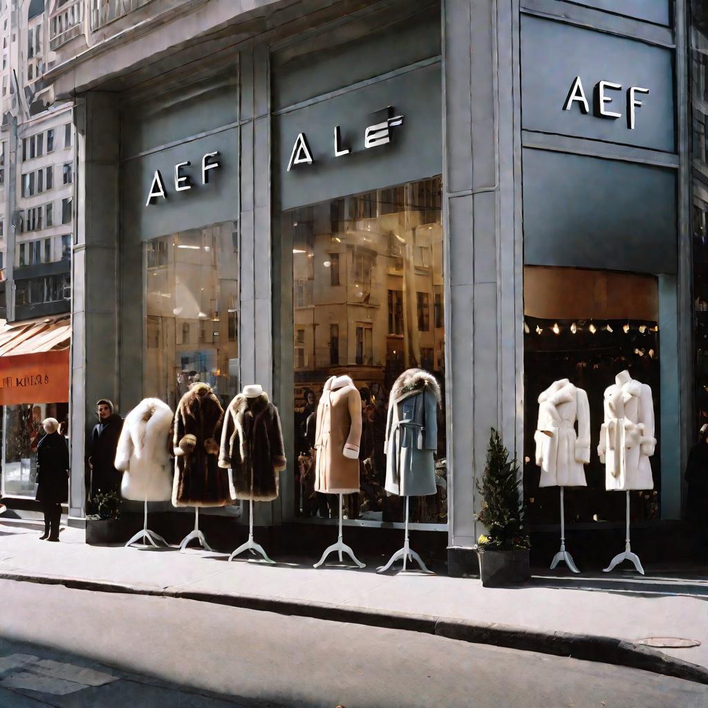 Манекены в меховых пальто в витринах магазина Алеф на оживленной городской улице