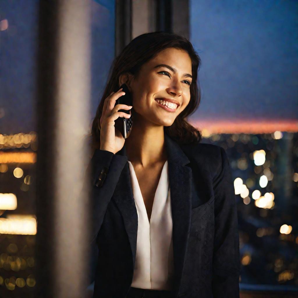 Портрет улыбающейся женщины, разговаривающей по телефону на фоне вечернего города.