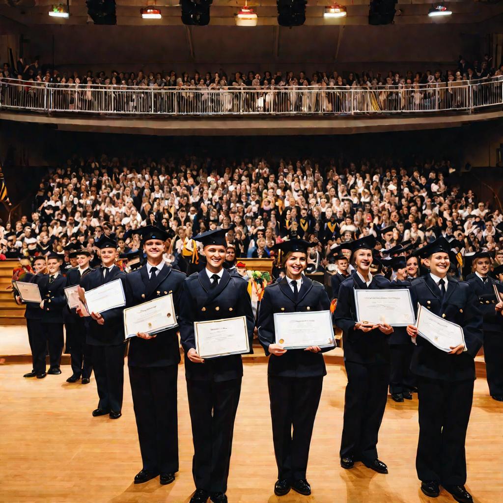 Выпускники школы милиции стоят на сцене с дипломами.