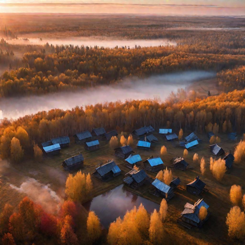 Вид сверху на старинную русскую деревню осенью.