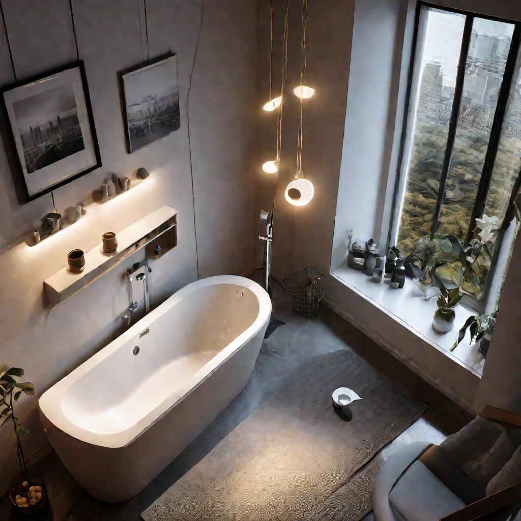 Современная ванная комната с водным счетчиком на стене.