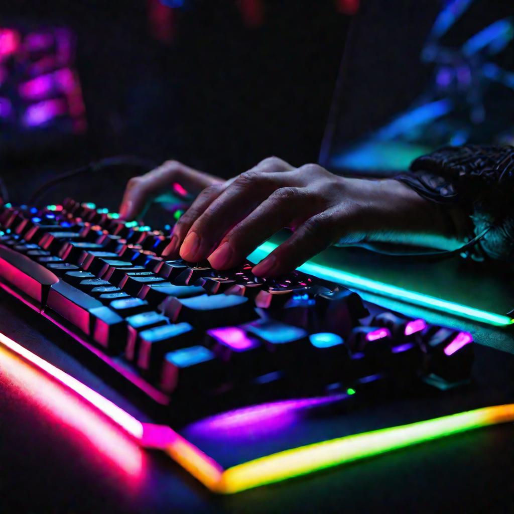 Крупным планом драматичная подсветка игровой RGB-клавиатуры и мыши на черном фоне