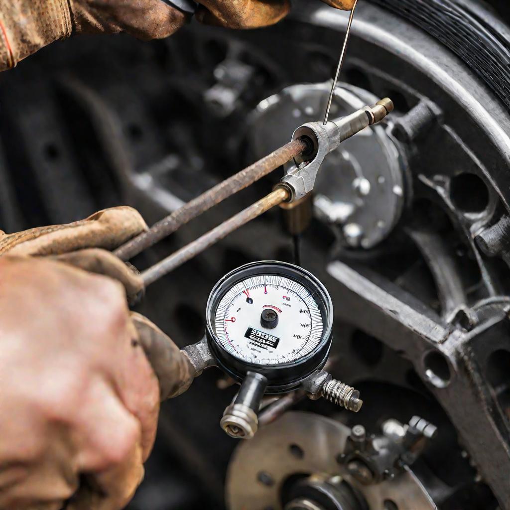 Крупный план руки механика, держащей индикаторный нутромер для точного измерения биения поверхности тормозного барабана, установленного на ступице колеса.