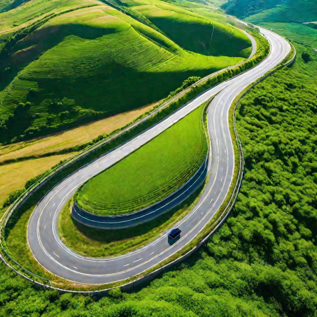 Вид сверху на солнечное шоссе, извивающееся среди зеленых холмов в ясный летний день