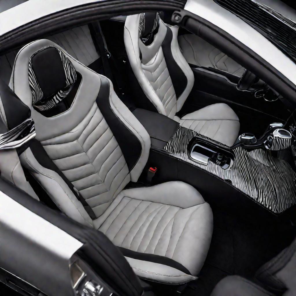 Вид сверху на водительское сидение стильного серебристого спортивного автомобиля. На черном кожаном ремне безопасности стильная накладка с принтом зебры, которая является модным акцентом на фоне элегантного интерьера