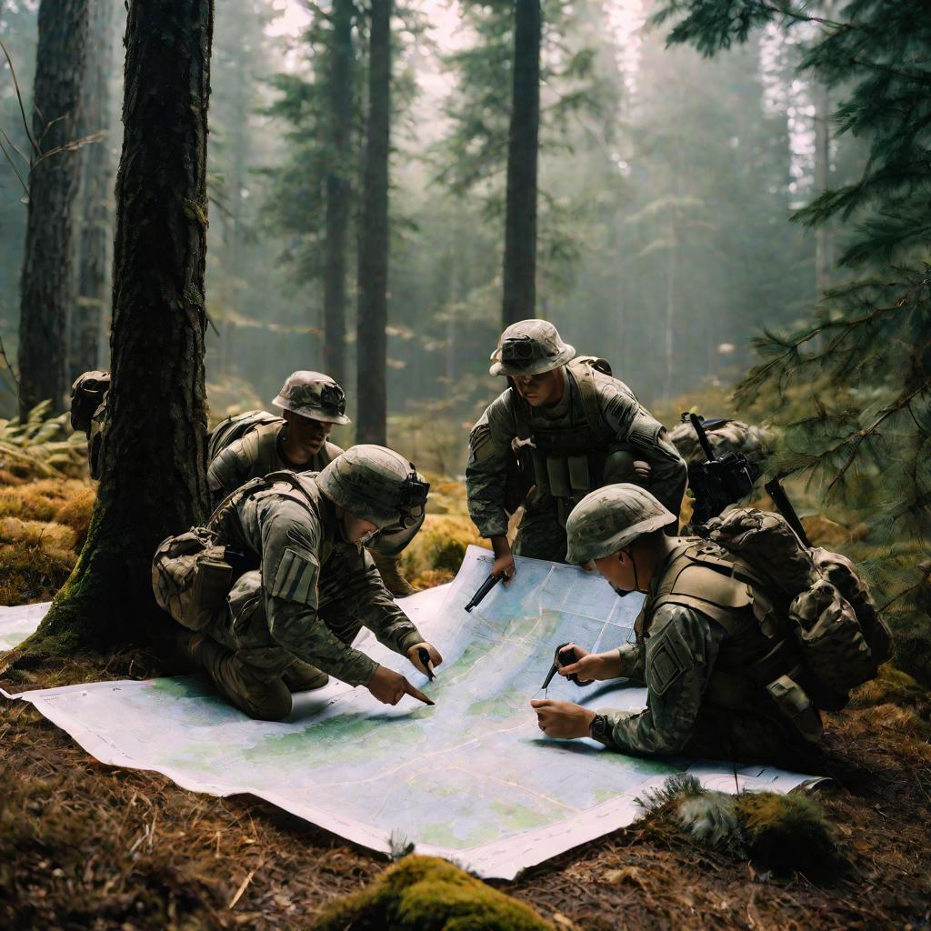 Группа солдат изучает карту в лесу на рассвете