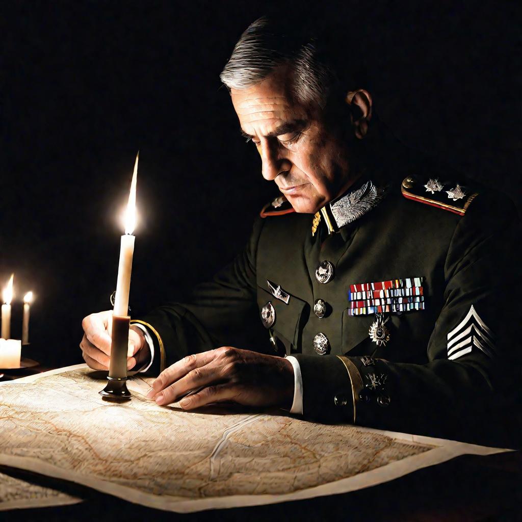 Портрет военного генерала при свечах, изучающего карту