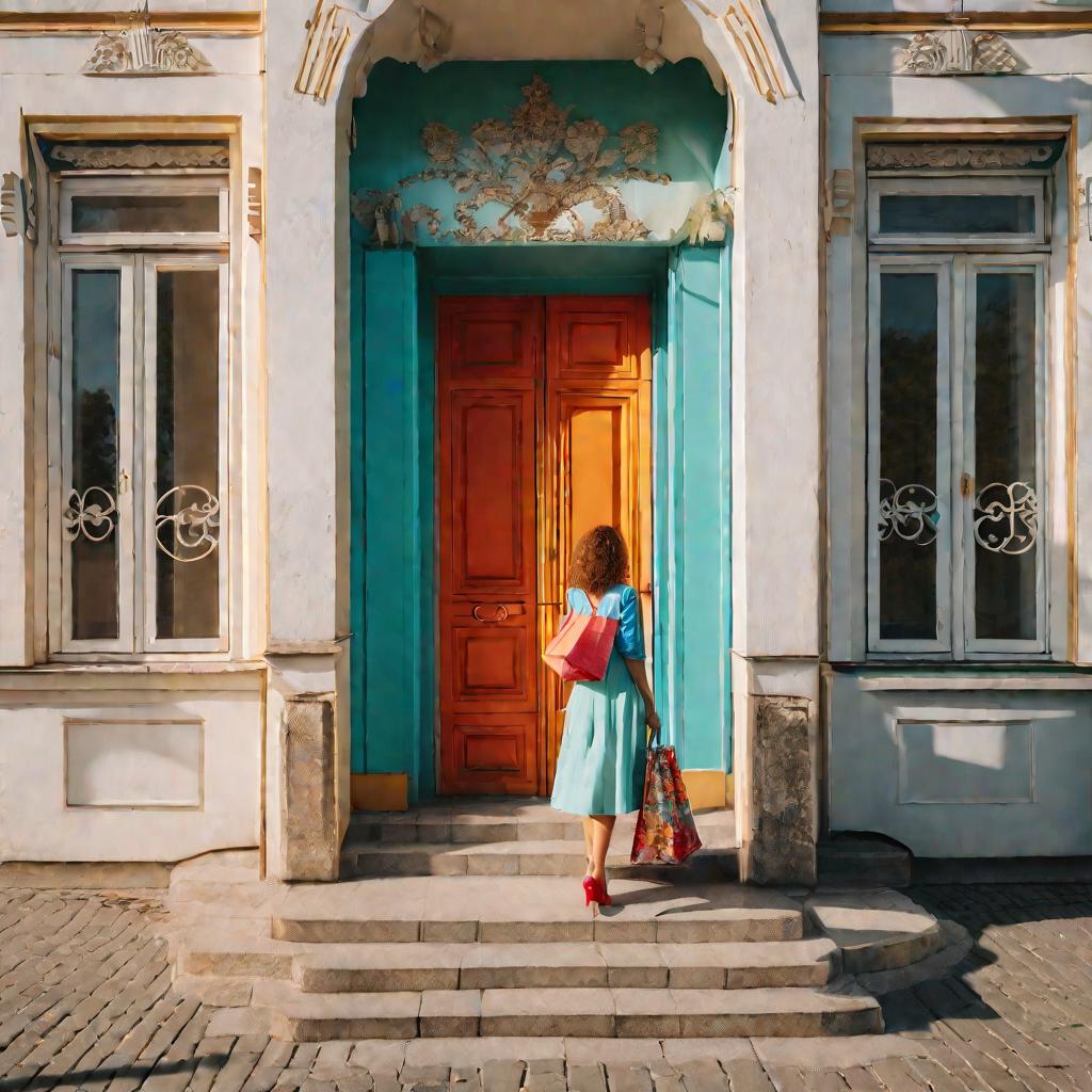 Молодая женщина в стильной одежде заходит в подъезд отремонтированного советского дома.