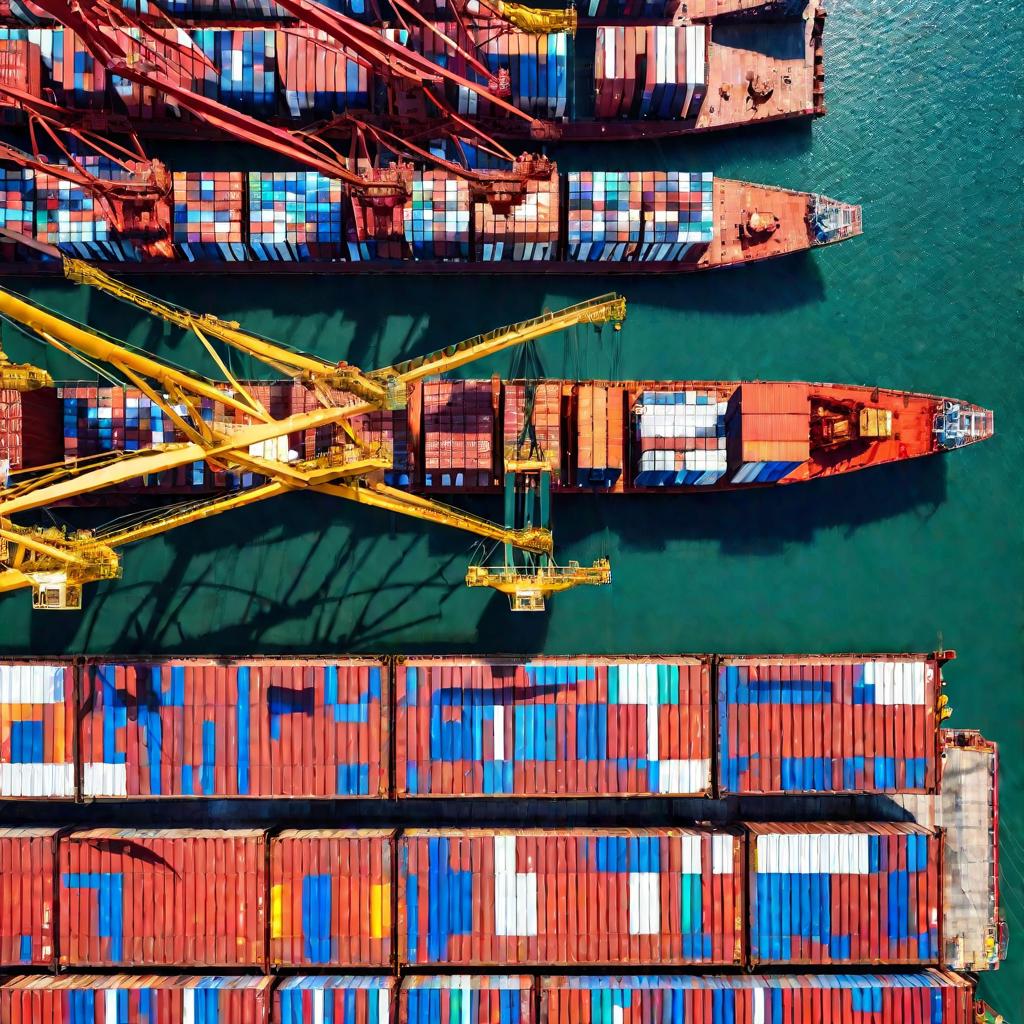 Порт с грузовыми кораблями и контейнерами
