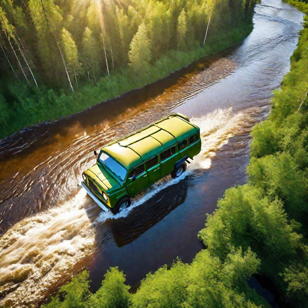УАЗ едет по реке в лесу летом