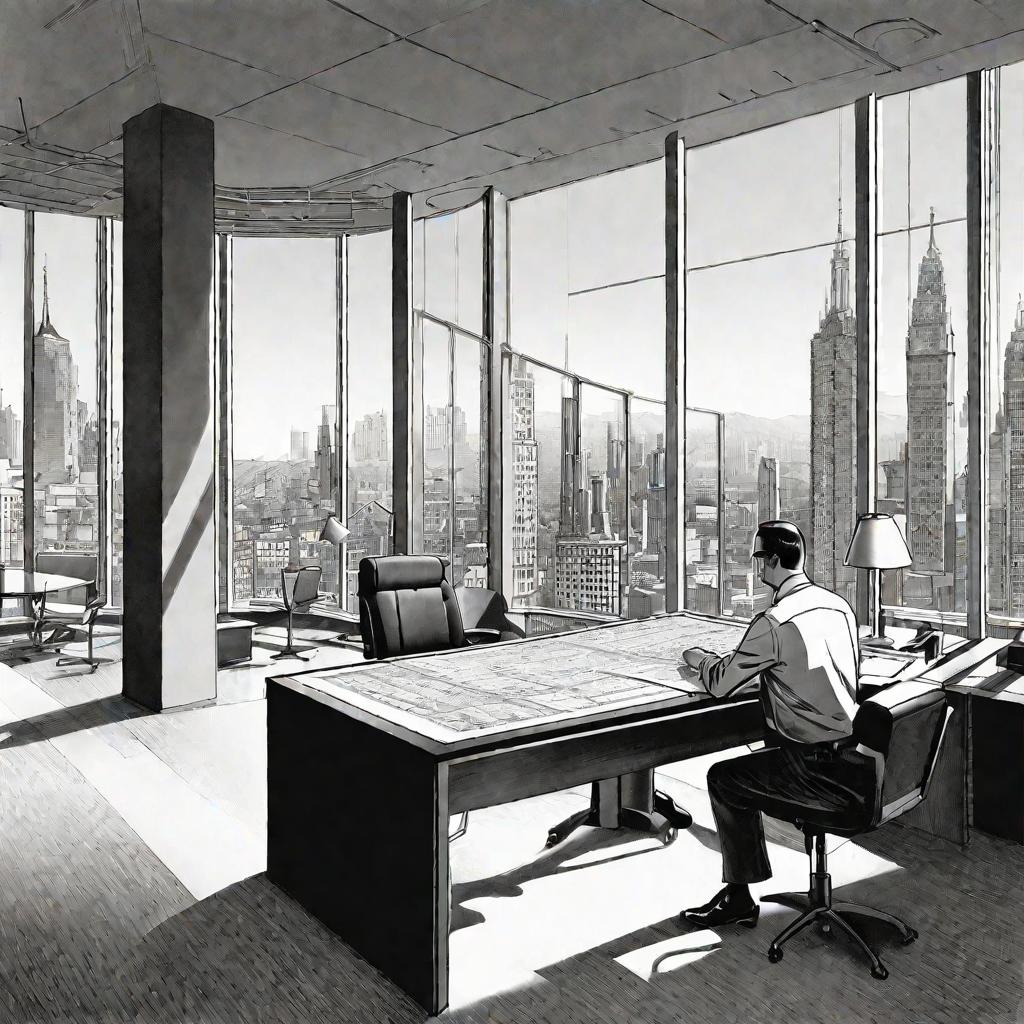 Архитектор работает над чертежами в офисе с видом на город