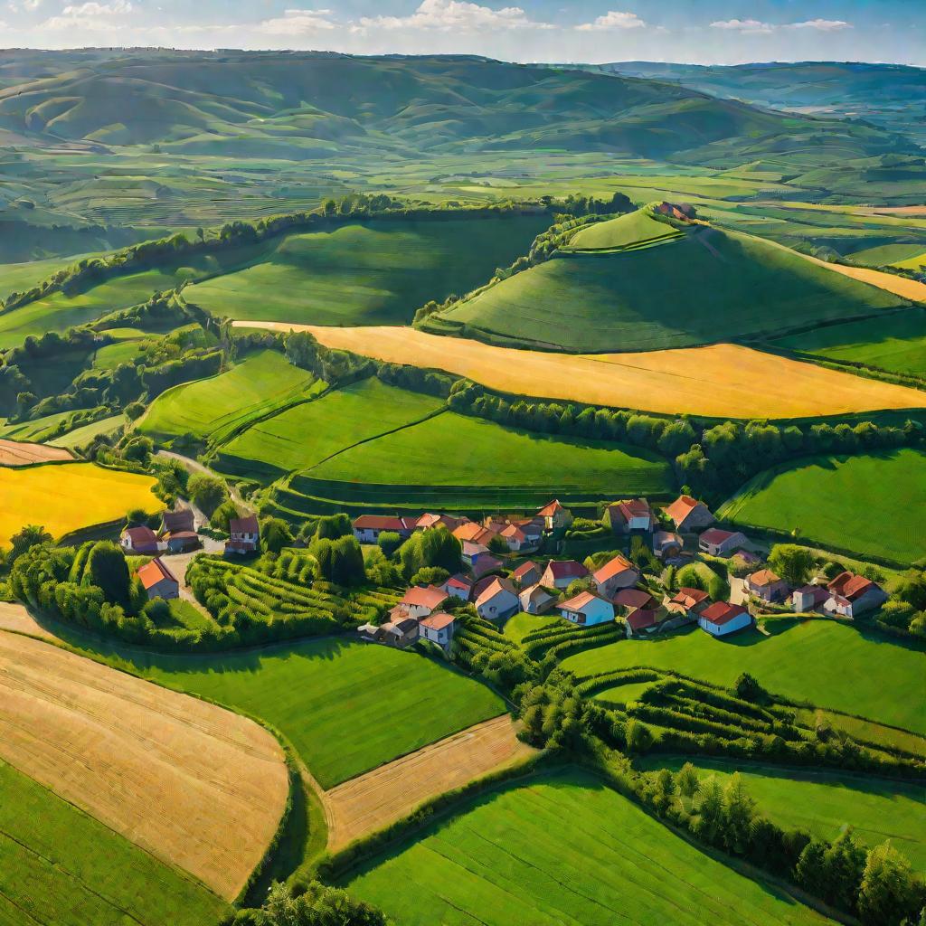 Сельский пейзаж с холмами, дорогой и деревней