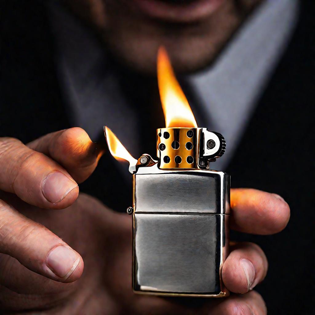 Классическая зажигалка Zippo в руке мужчины