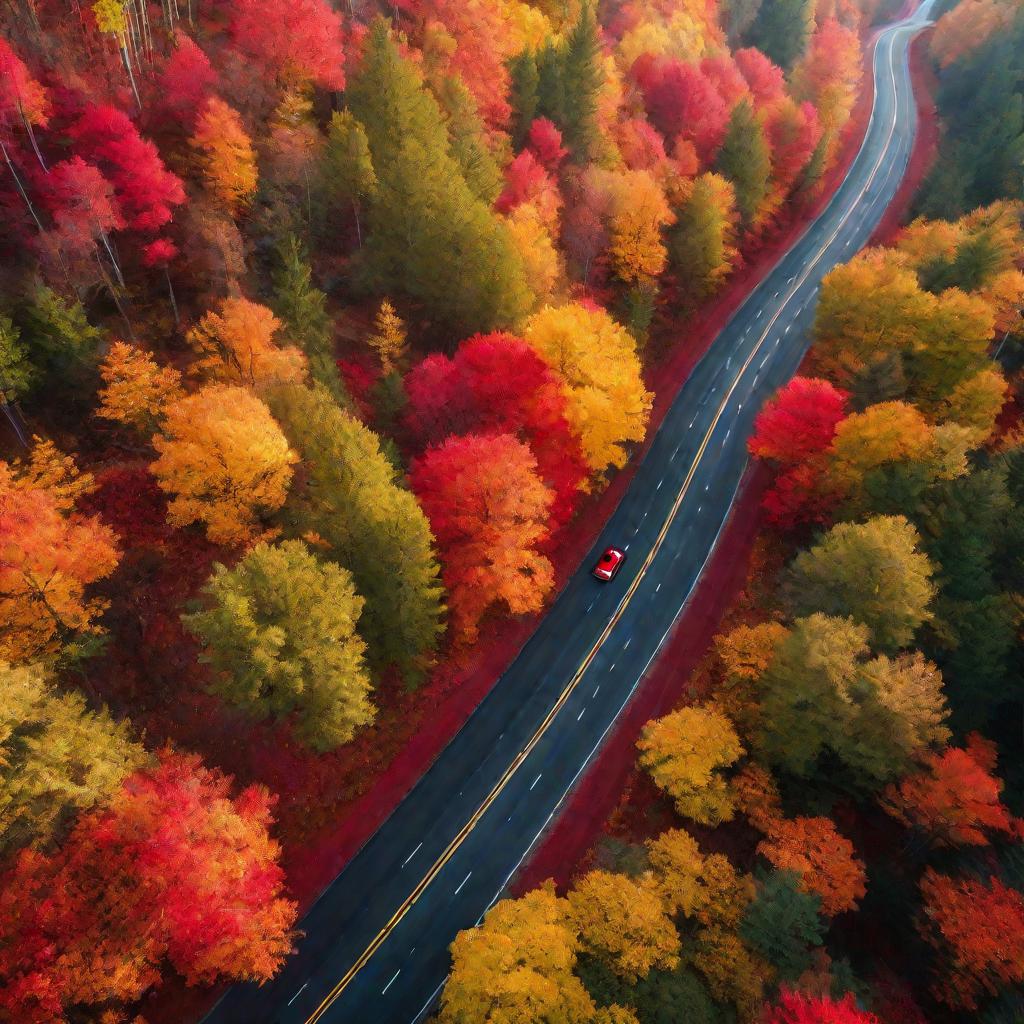 Вид сверху на лесную дорогу и едущий по ней автомобиль осенью