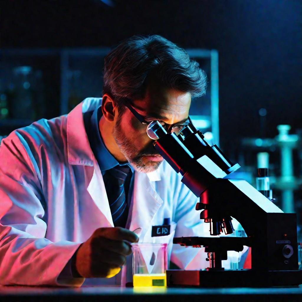 Ученый изучает образец под микроскопом