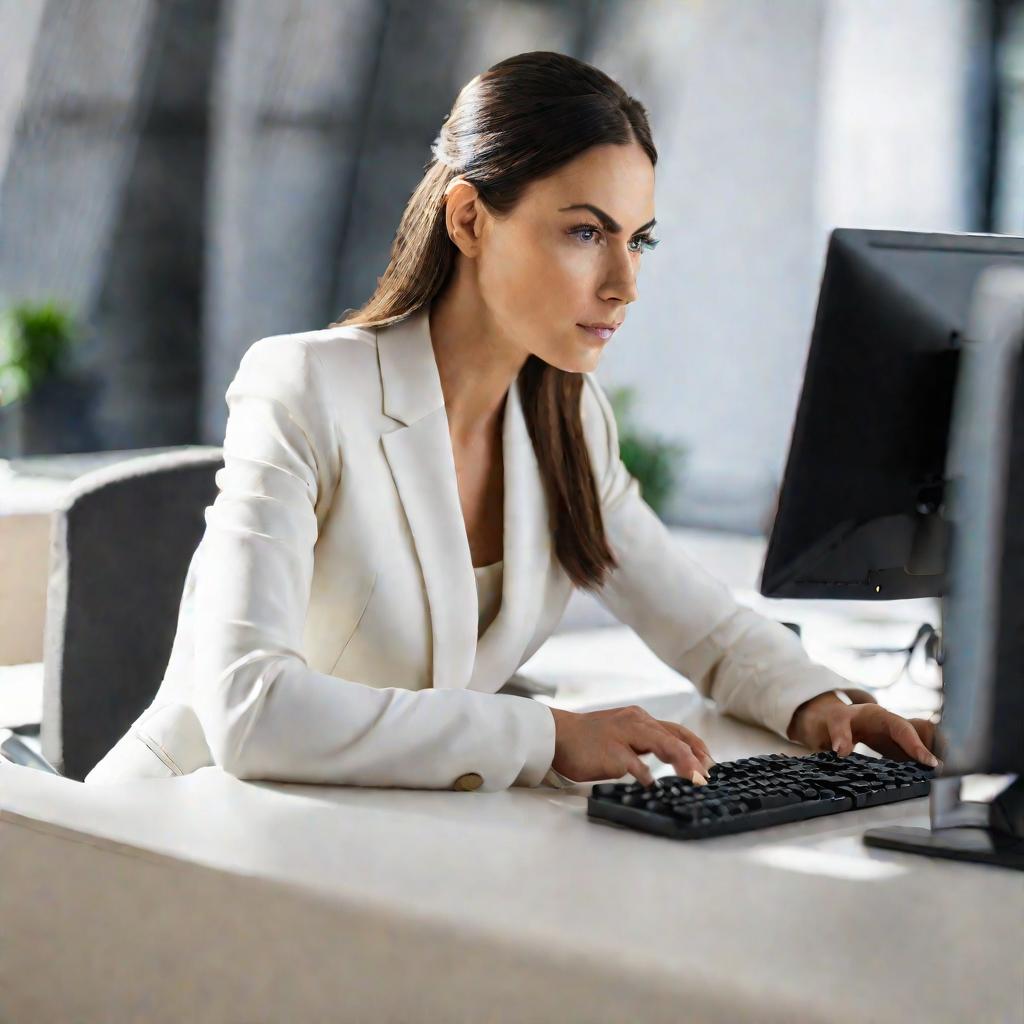 Крупный портрет женщины в костюме, сидящей за столом в светлом современном офисе. Она смотрит на экран компьютера и печатает на клавиатуре, на ее лице сосредоточенное выражение.