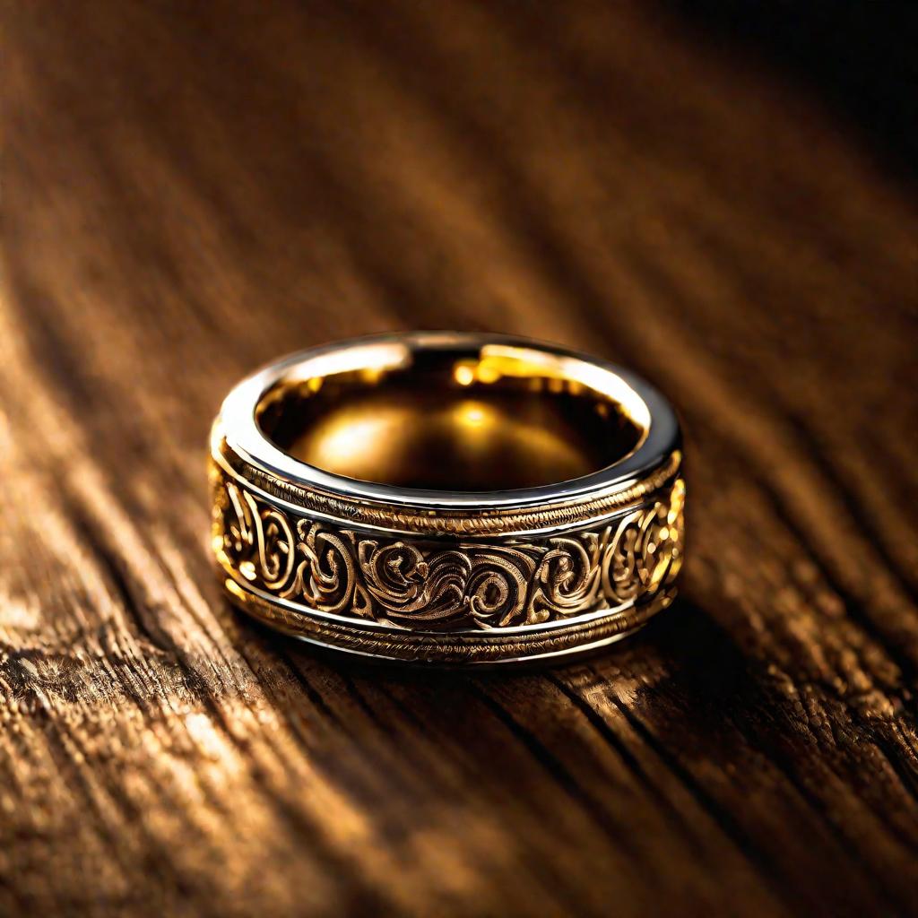 Золотое кольцо с гравировкой на деревянной поверхности.