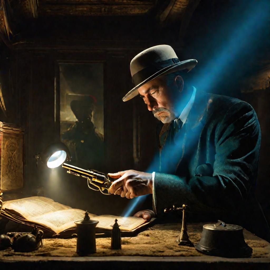 Мужчина в шляпе рассматривает старинный револьвер с помощью увеличительного стекла в слабо освещенной комнате. Пылинки пляшут в лучах света из небольшого окна. Металлические поверхности отражают отблески синего, зеленого и золотистого цветов.