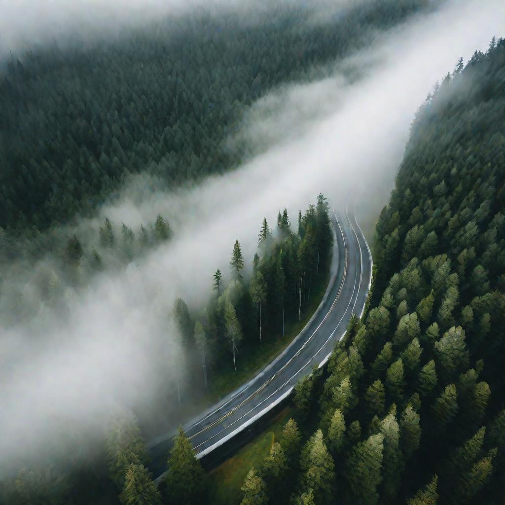 Дорога в лесу в тумане