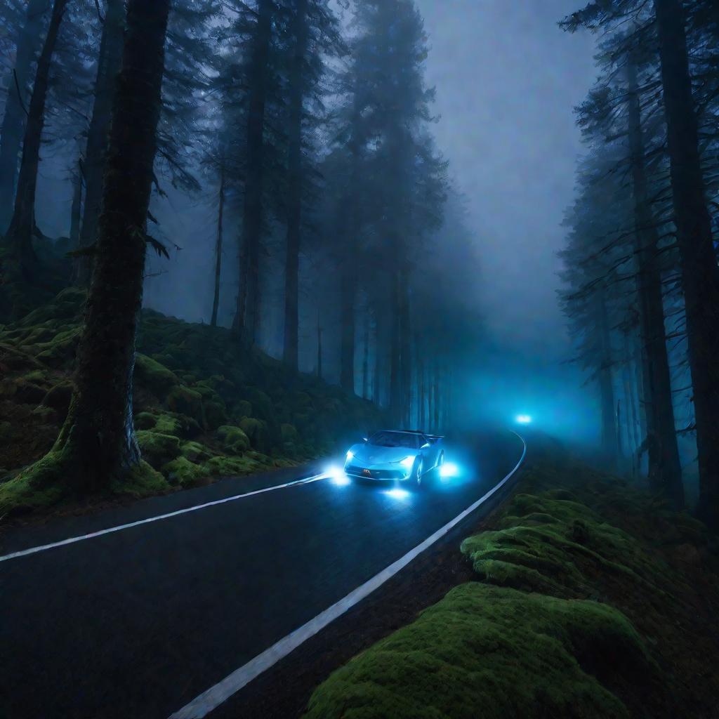 Внешний вид машины едет по туманному лесу в синий час. Экран магнитолы Pioneer светится мягким синим светом сквозь окна автомобиля.