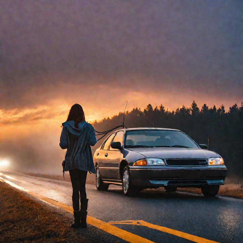 Женщина пытается завести машину с помощью проводов на заброшенной трассе на фоне туманного заката.
