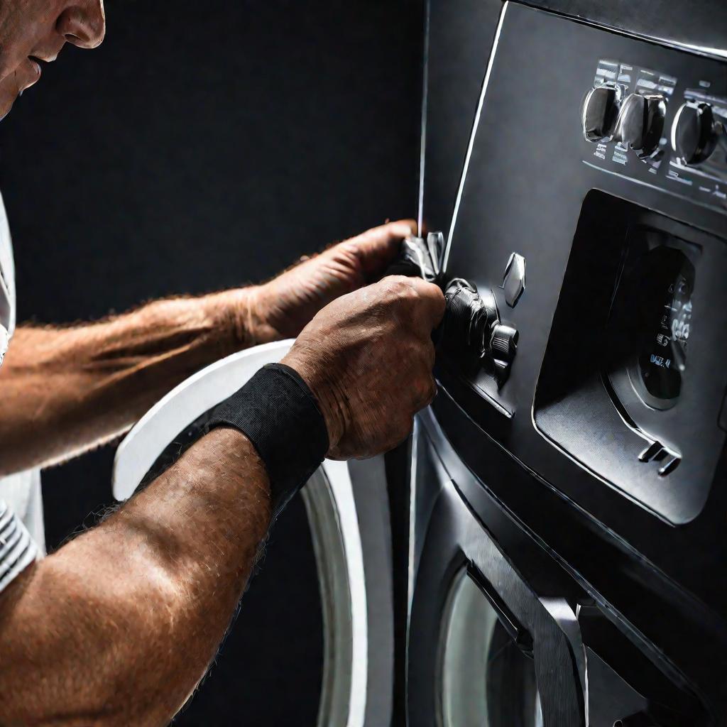 Руки мастера аккуратно вдавливают новый резиновый манжет в паз на люке стиральной машины.