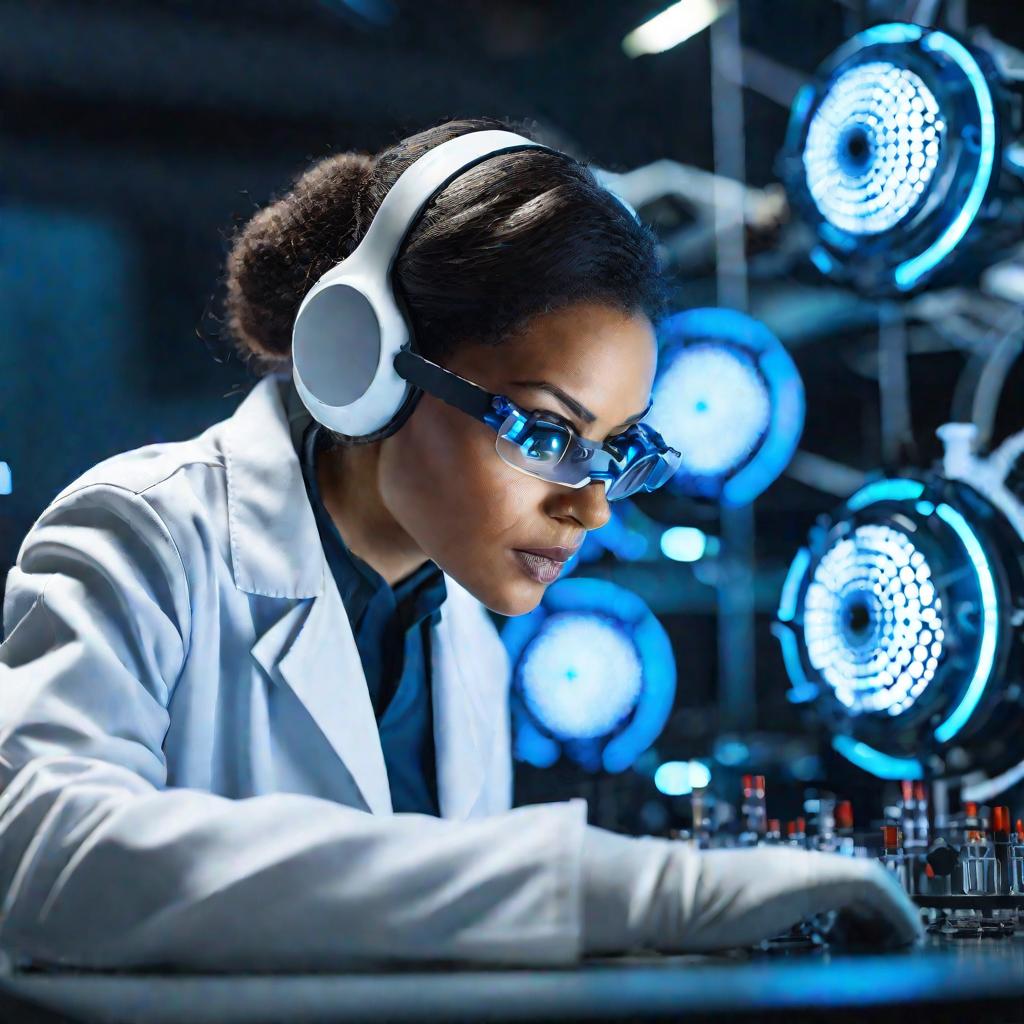 Крупный план сосредоточенного лица женщины-ученого в лаборатории возится со сложным сферическим аппаратом и синеватыми светящимися панелями. На ней белый халат, защитные очки и наушники. Она полностью сосредоточена на своей замысловатой работе.