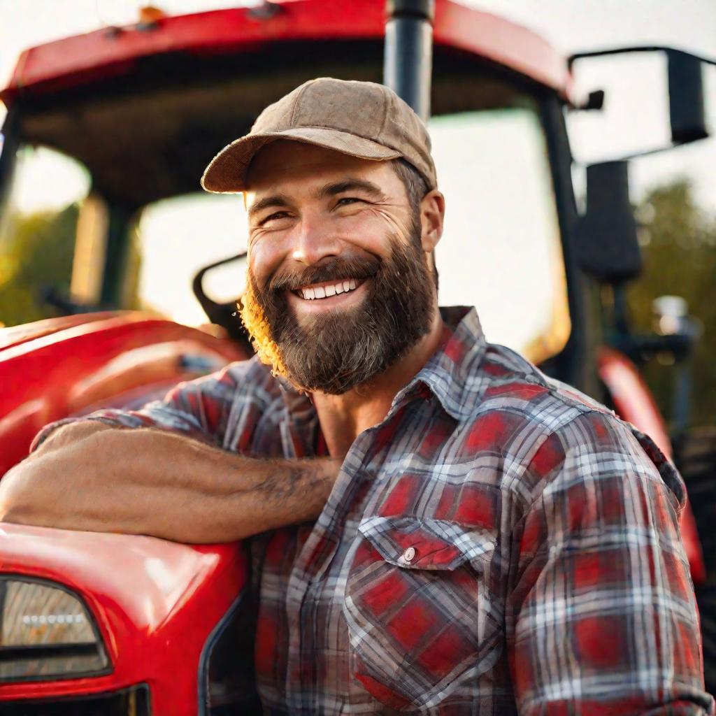 Портрет улыбающегося фермера, облокотившегося на красный трактор в золотом свете заката.