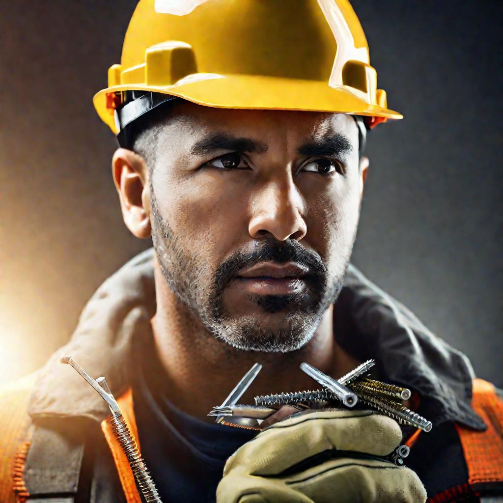 Портрет строителя, держащего и рассматривающего разные саморезы и гвозди.