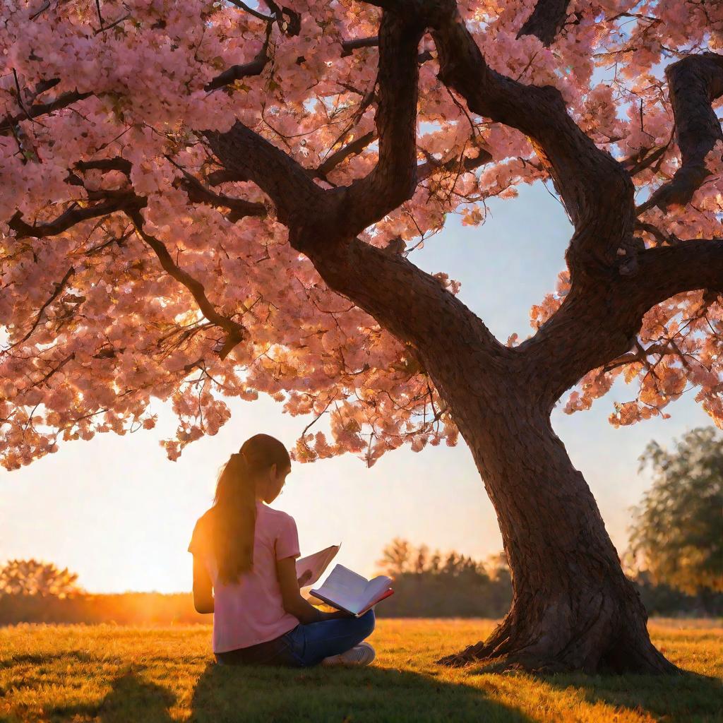 Девушка сидит под деревом на закате, сосредоточенно разлагая многочлен на множители в тетради, освещенной теплым оранжевым светом заходящего солнца.