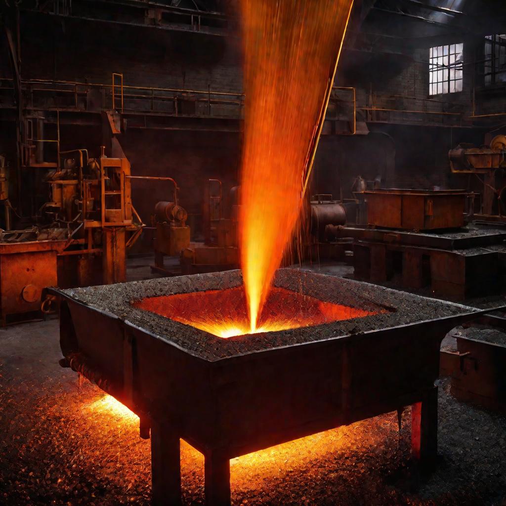 Расплавленный металл льется в форму на заводе