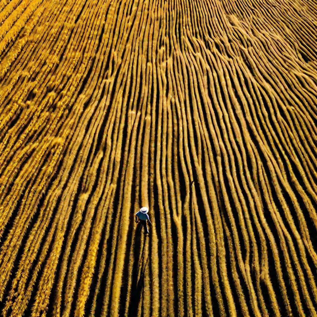 Мужчина с металлоискателем идет по золотистому полю пшеницы летом