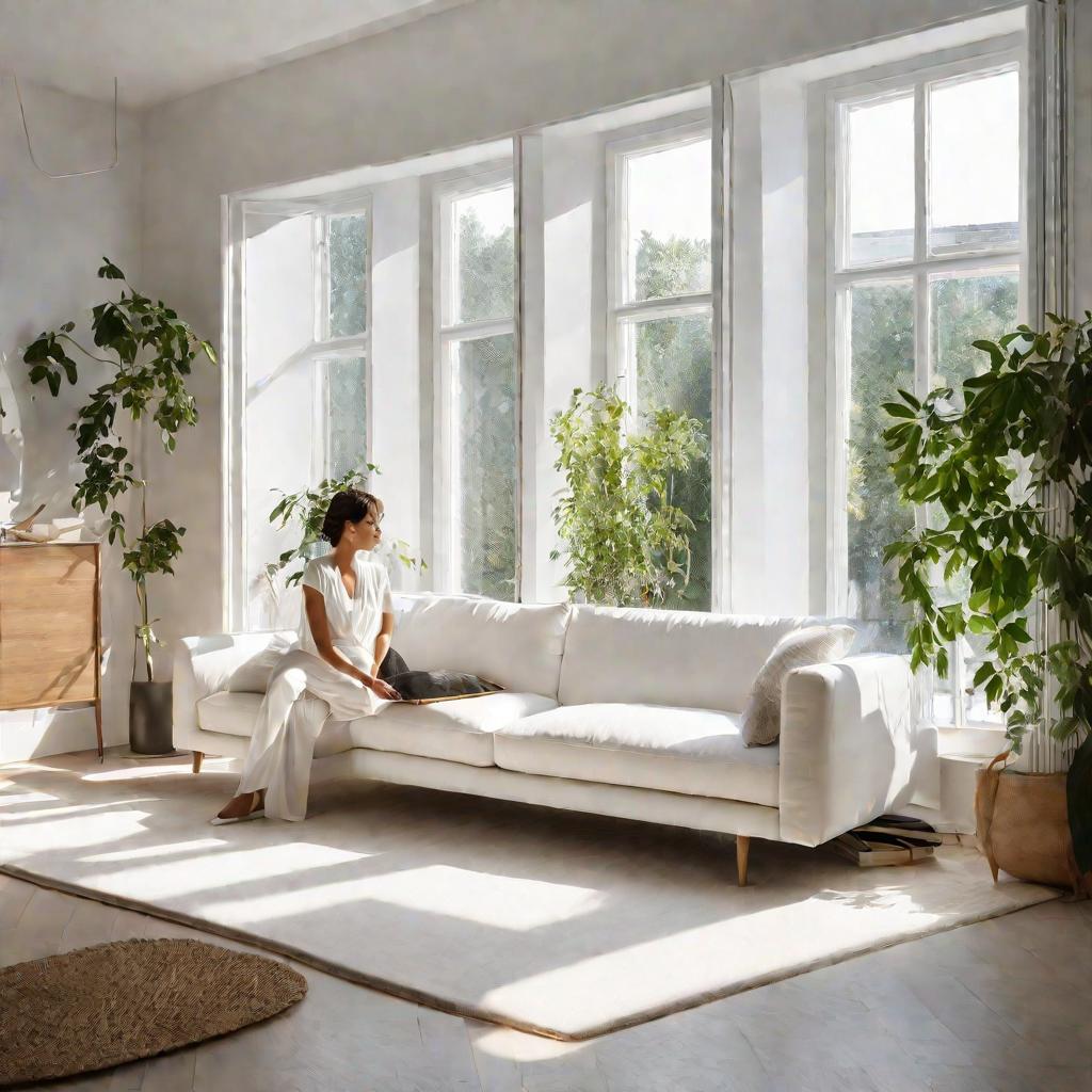 Интерьер светлой просторной квартиры с большими окнами и современной мебелью. Мягкий естественный свет проникает внутрь. Женщина отдыхает на белом диване.