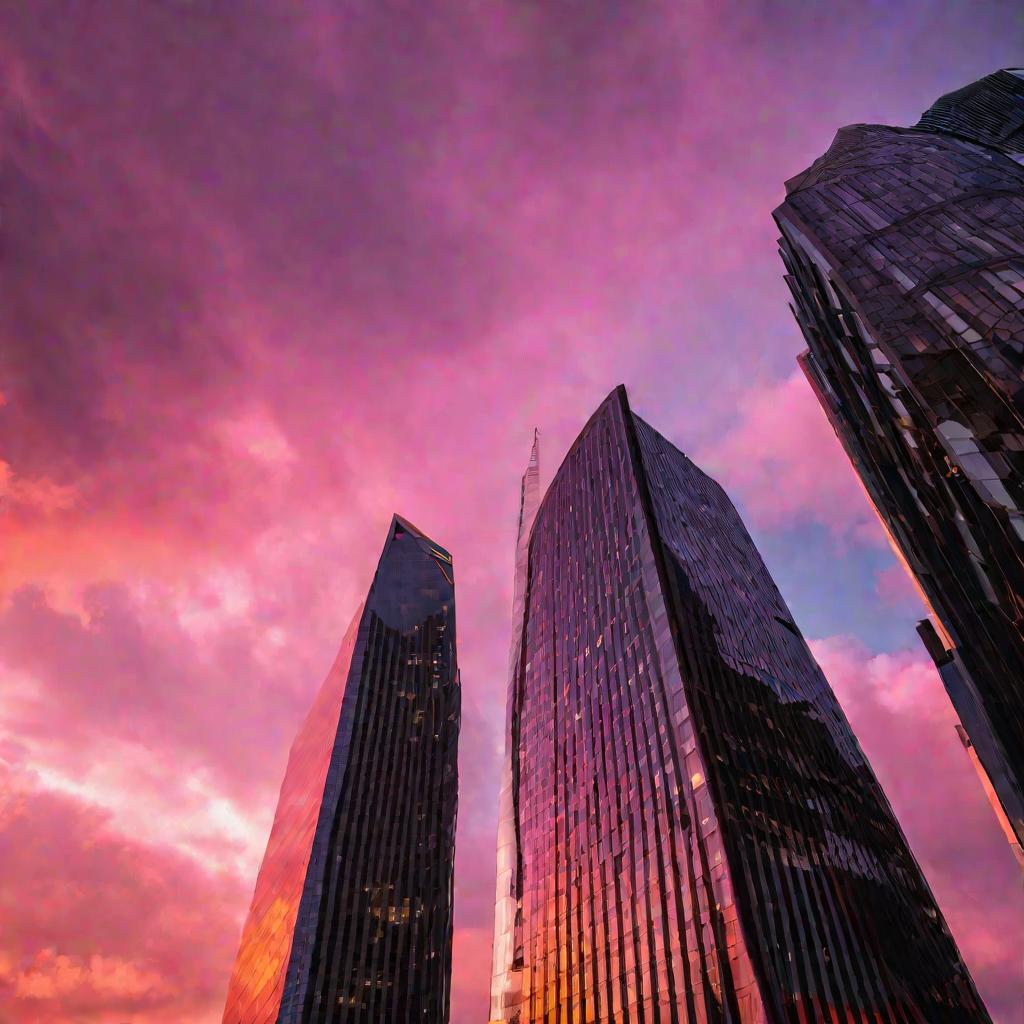 Вид снизу на высокое стеклянное офисное здание, возвышающееся над другими строениями на фоне драматичного вечернего неба с розовыми и оранжевыми оттенками.