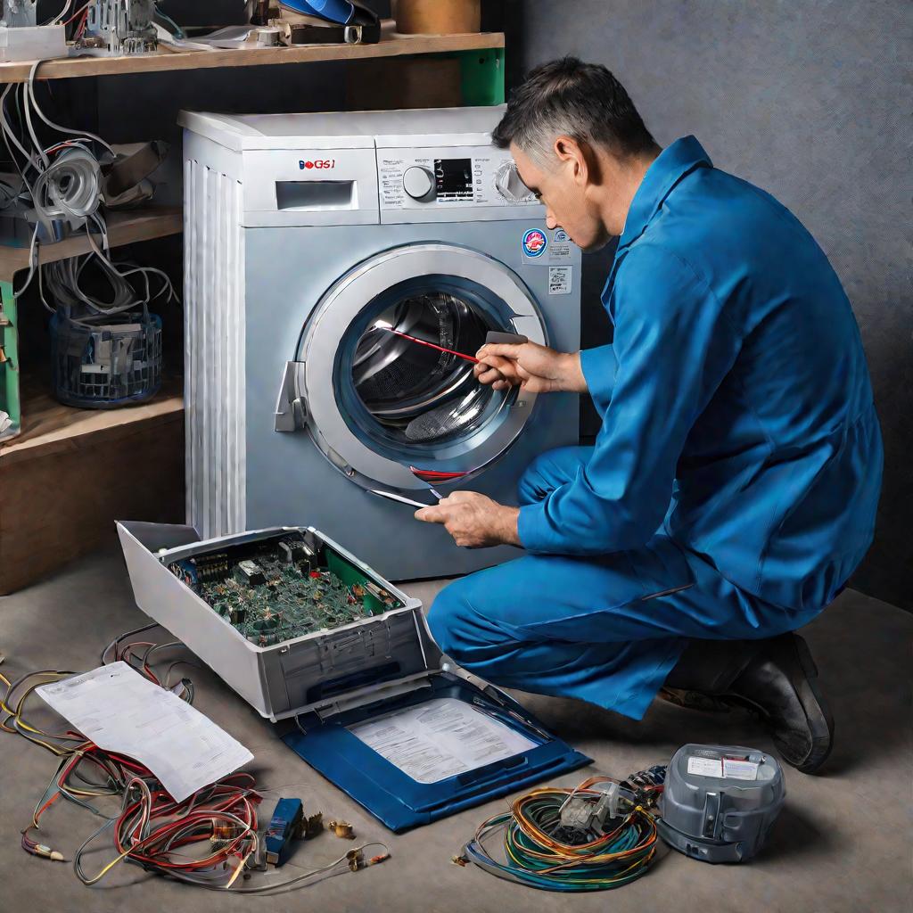 Ремонтник ищет неисправность внутри стиральной машины