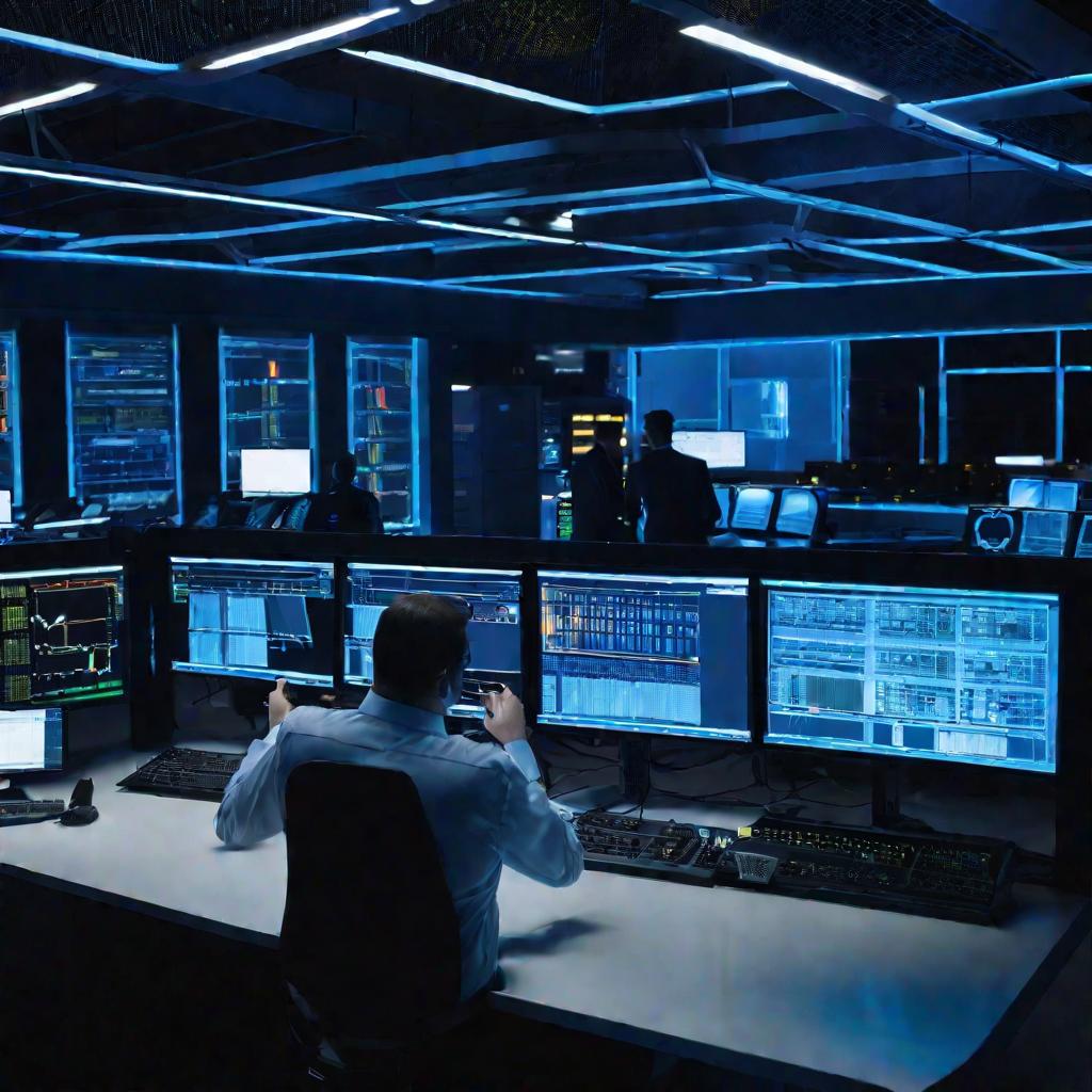 Средний план двух инженеров в диспетчерской, управляющих серверами и мониторящих работу сети на экранах. Тускло освещенное помещение с неоновой голубой подсветкой.