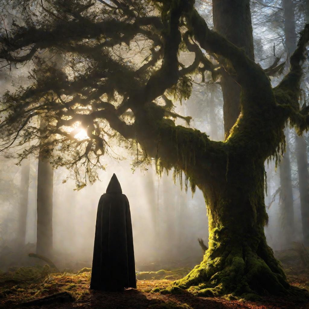 В лесу туманным утром лучи света пробиваются сквозь деревья. На поляне силуэт человека в плаще прячет письмо в дупло старого мохнатого дерева.