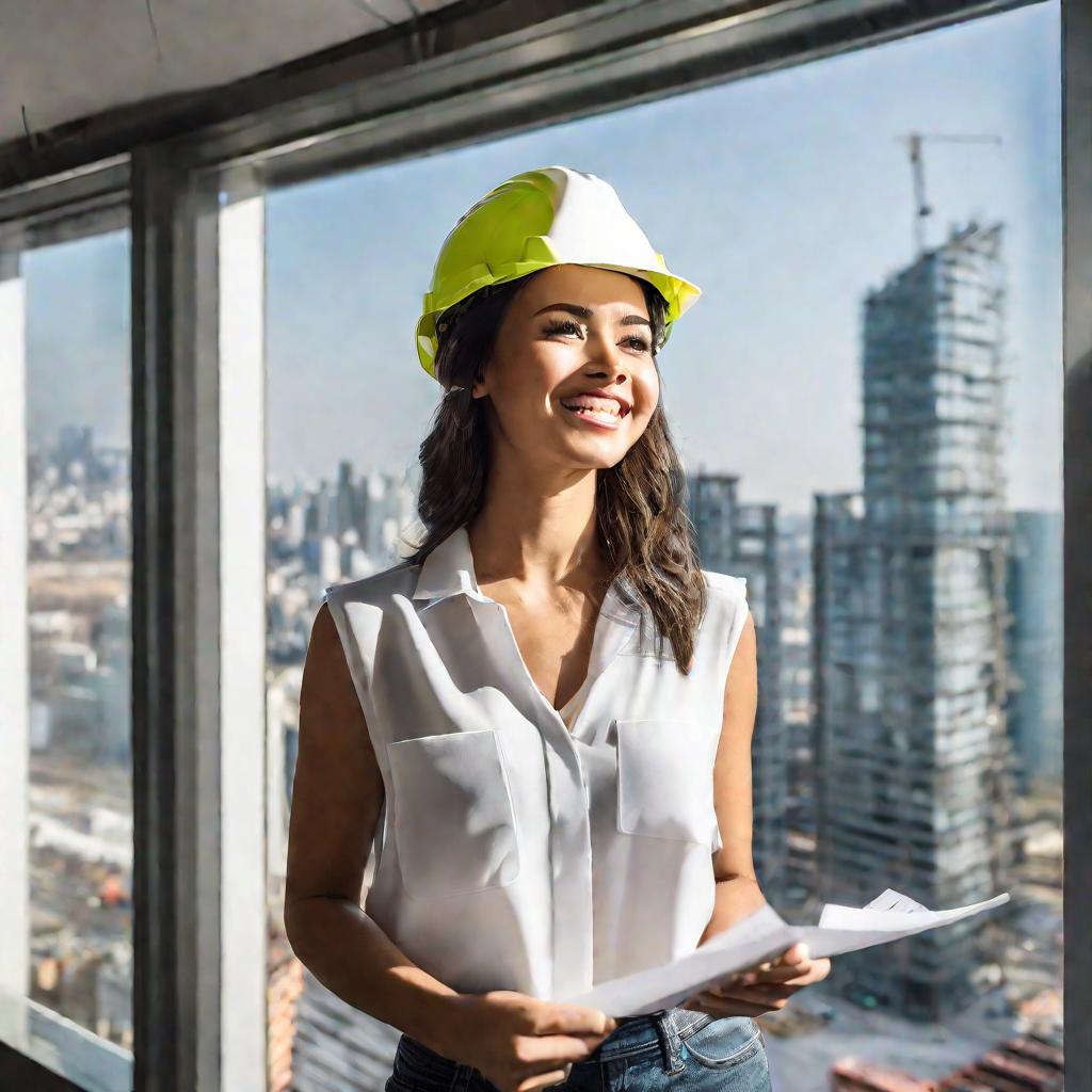 Крупным планом портрет молодой женщины в каске, улыбающейся и смотрящей на строительные планы. Она стоит на верхнем этаже новостройки у больших стеклянных окон с видом на городской пейзаж. Яркий естественный свет.
