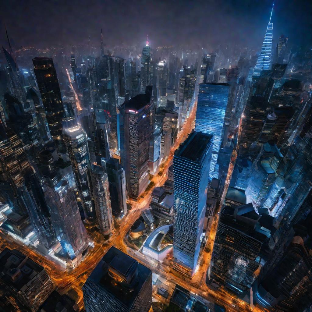 Вид города с небоскребами в синий час