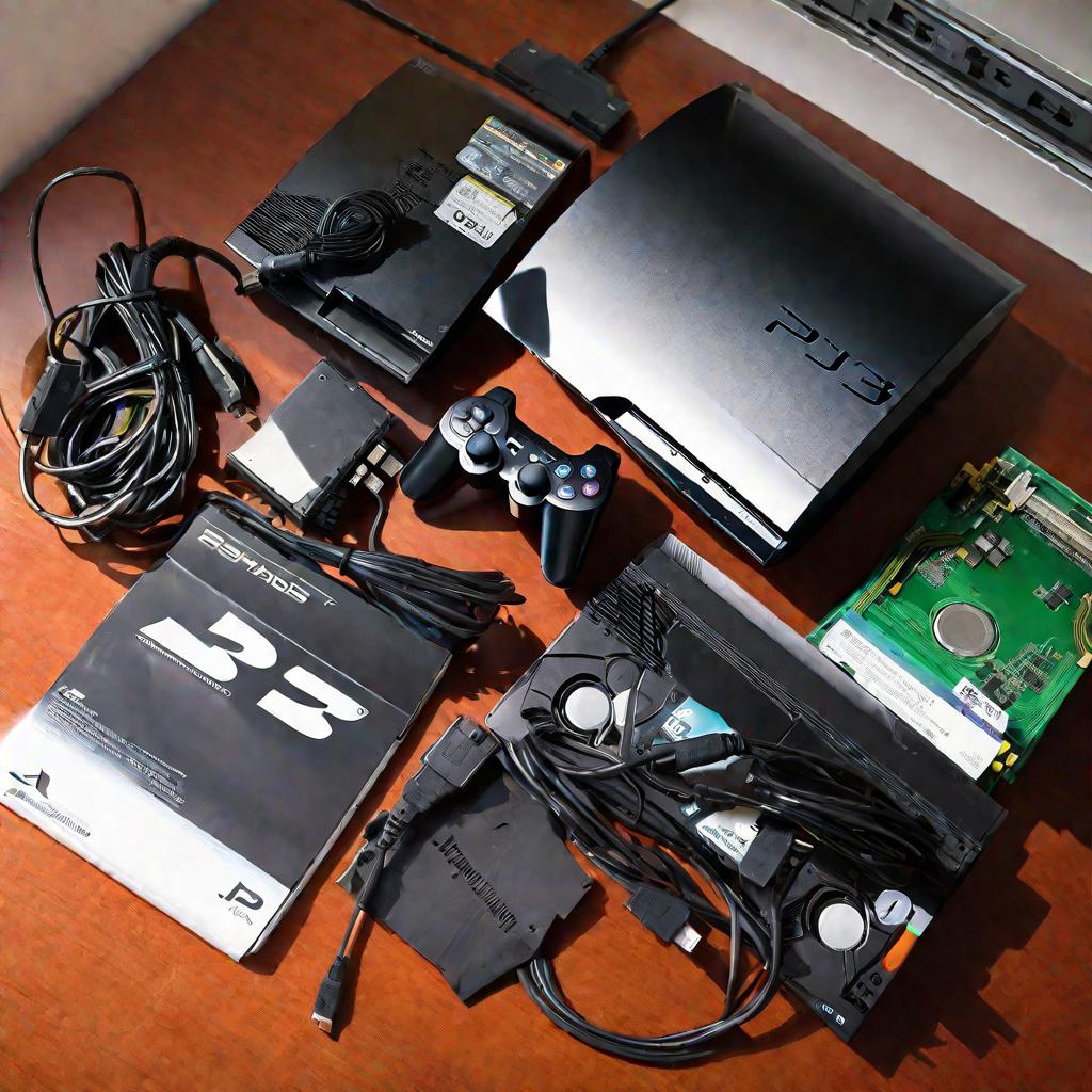 PS3 Slim с открытым корпусом, инструменты и инструкция по прошивке рядом на столе.