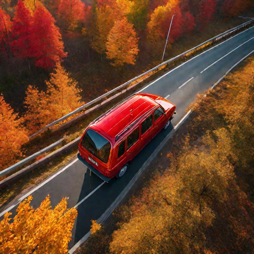 Вид сверху на красный фургон Лада Ларгус, едущий по шоссе в солнечный осенний день. По обе стороны дороги растут деревья с оранжевыми и желтыми листьями. Перспектива показывает крышу фургона и открывает панорамный вид на пейзаж. Драматичное боковое освеще