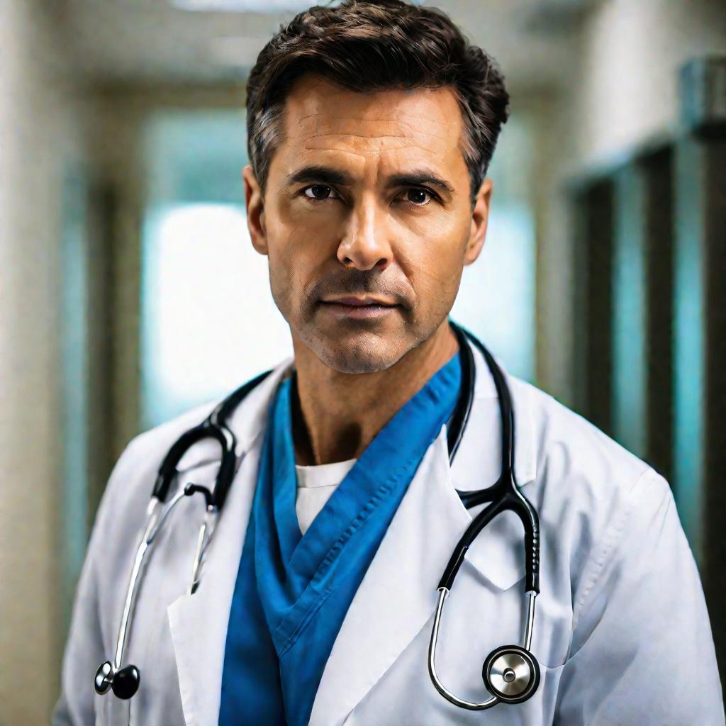 Портрет врача в белом халате с серьезным выражением лица.