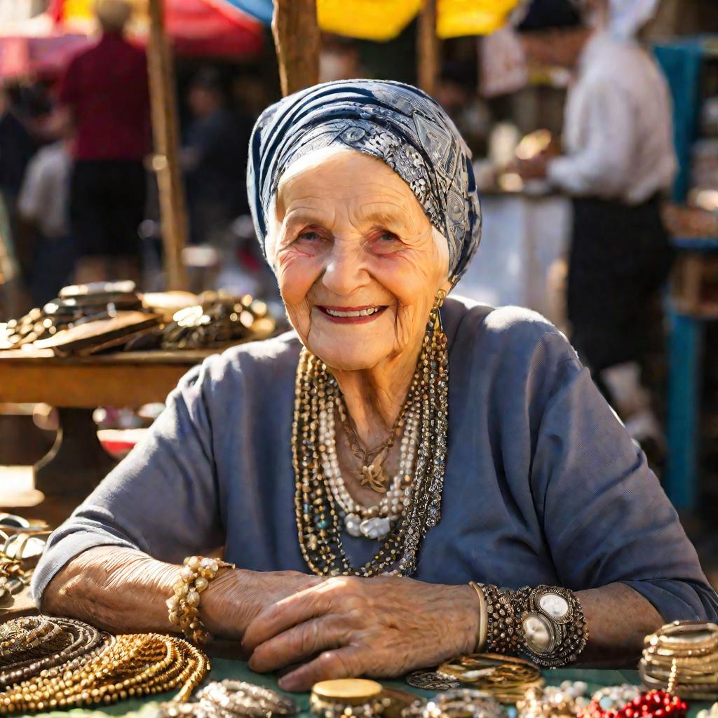 Портрет пожилой женщины за прилавком на блошином рынке.