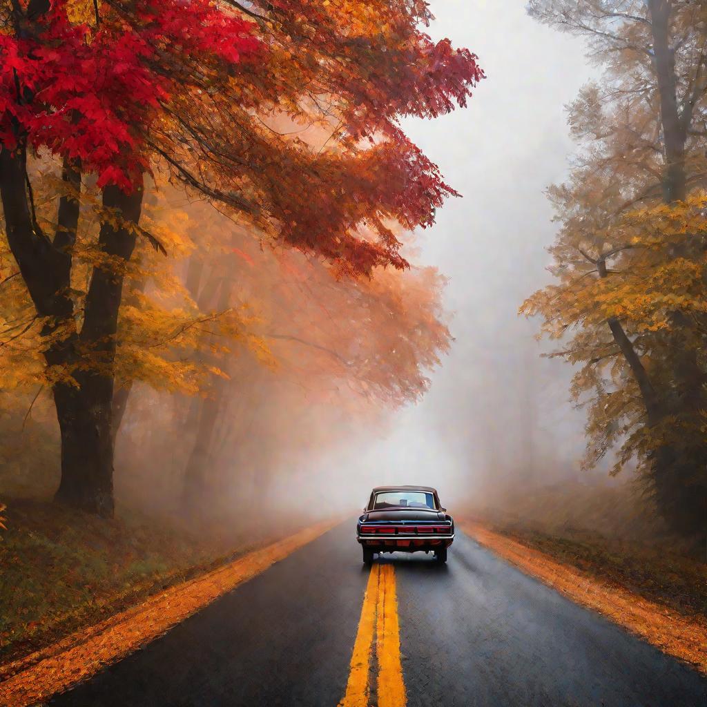 Автомобиль едет по сельской дороге в туманное осеннее утро. Вымощенная двухполосная дорога уходит вдаль между яркими разноцветными деревьями. Классический седан следует по извилистой дороге. Его задние огни светятся красным сквозь туман. Вдали солнце начи
