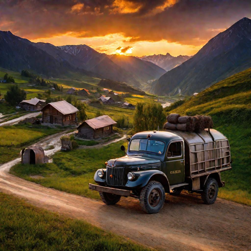 Горная деревня, закат, грузовик