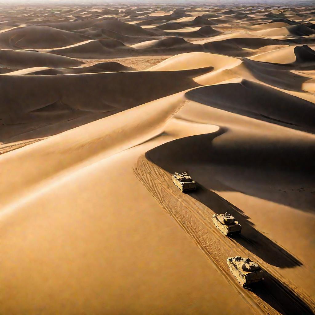 Вид с высоты на колонну военных грузовиков, движущихся друг за другом по бескрайней пустыне. Грузовики поднимают клубы вьющегося мелкого песка, медленно дрейфующего на ветру. Колеи от шин прорезают песчаный ландшафт дюн, уходящий к далекому горизонту. Низ