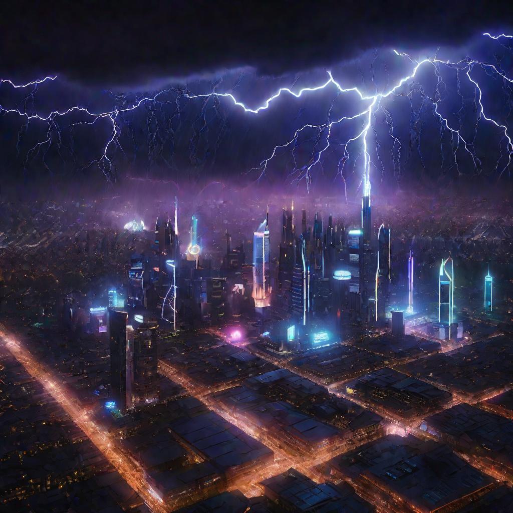 Футуристический городской пейзаж: небоскребы освещены неоновым сиянием, в небе летают машины, идет гроза с частыми молниями.