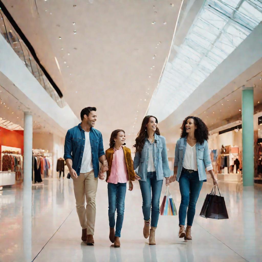 Семья из четырех человек улыбается, гуляя по просторному, светлому интерьеру торгового центра с верхним освещением днем
