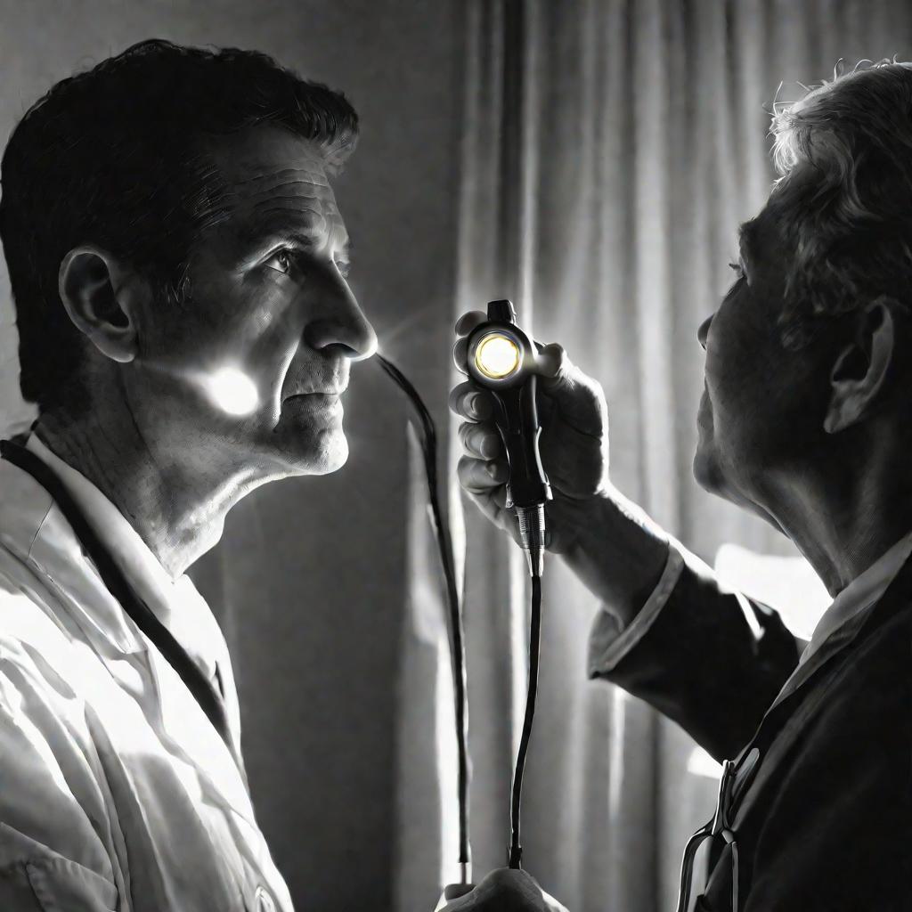 Врач осматривает зрачковый рефлекс пациента.